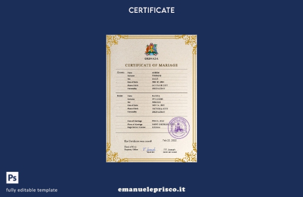 modello PSD del certificato di matrimonio di Grenada in stile verificato
